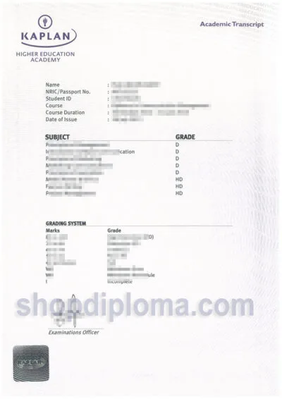 Kaplan Singapore HIGHER EDUCATION ACADEMY academic transcript