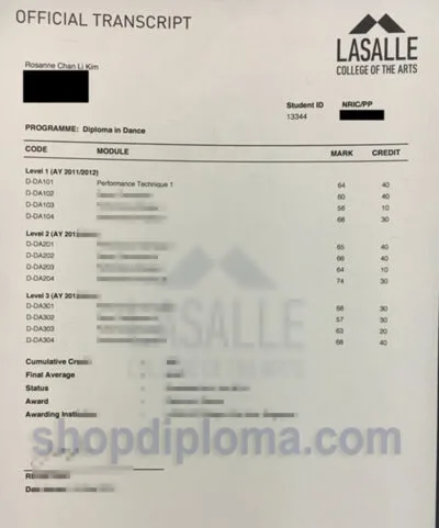 Lasalle college of the arts Official Transcript