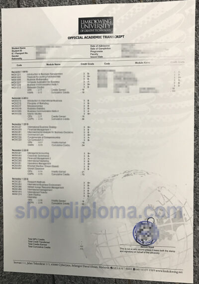 Limkokwing University of Creative Technology official academic transcript