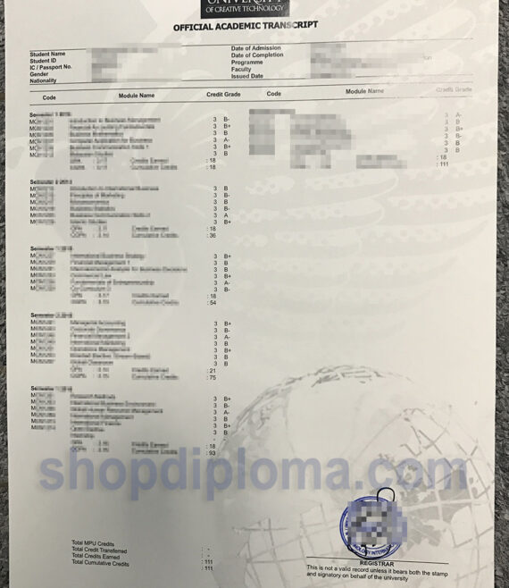 Limkokwing University of Creative Technology official academic transcript