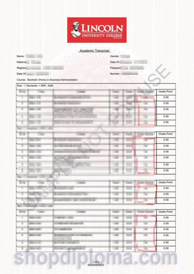 Lincoln university college Malaysia academic transcript