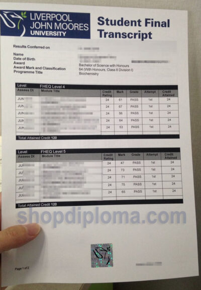 Liverpool John Moores University student final transcript