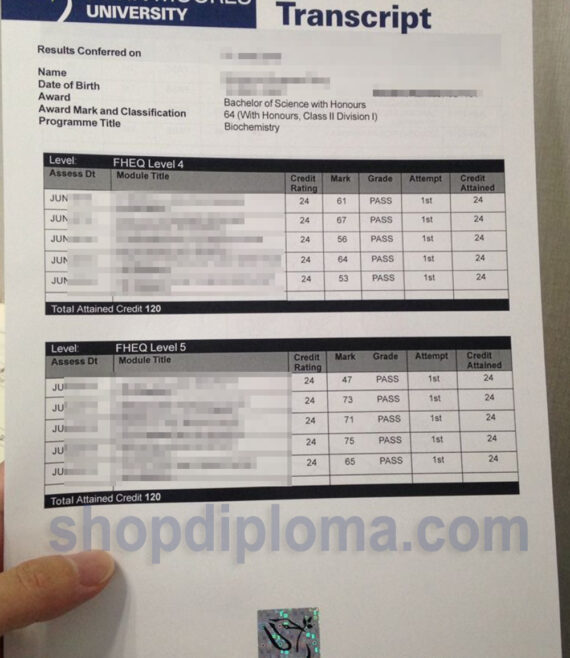 Liverpool John Moores University student final transcript