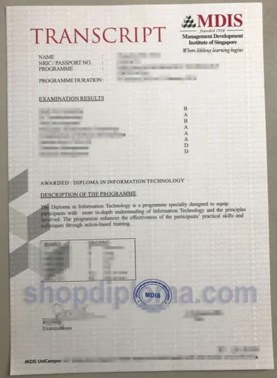 MDIS Manahement Development Institute of Singapore Transcript Awarded diploma in information technology