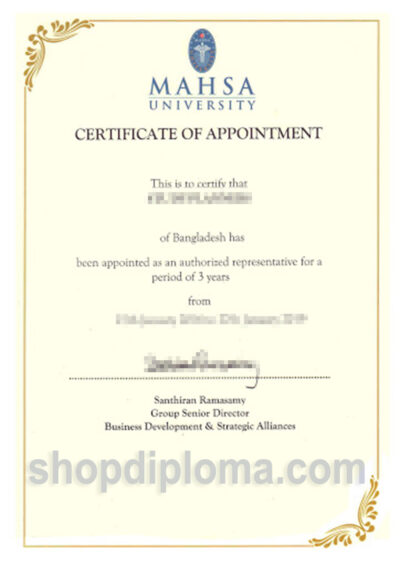 Mahsa univerisity certificate of appointment