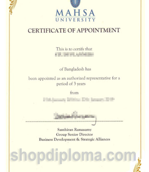 Mahsa univerisity certificate of appointment