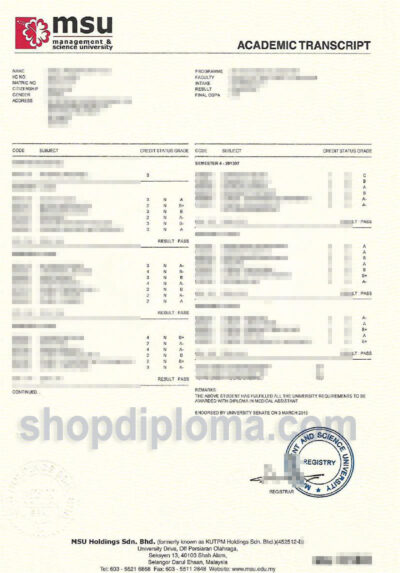 Management Science University(MSU) academic transcript