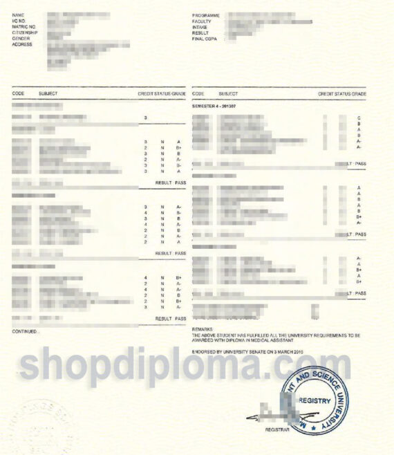 Management Science University(MSU) academic transcript