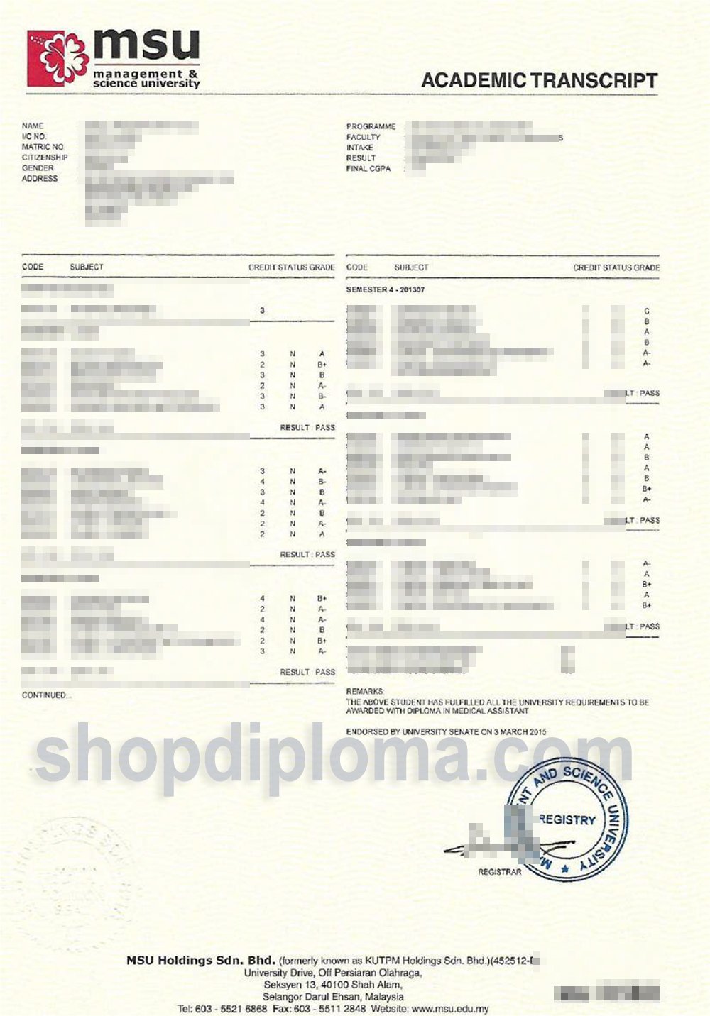 Management Science University(MSU) academic transcript - High-Quality ...