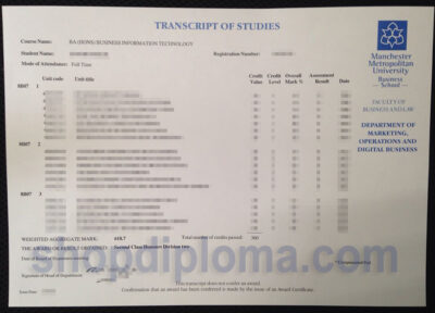 Manchester Metropolitan University transcript of studies