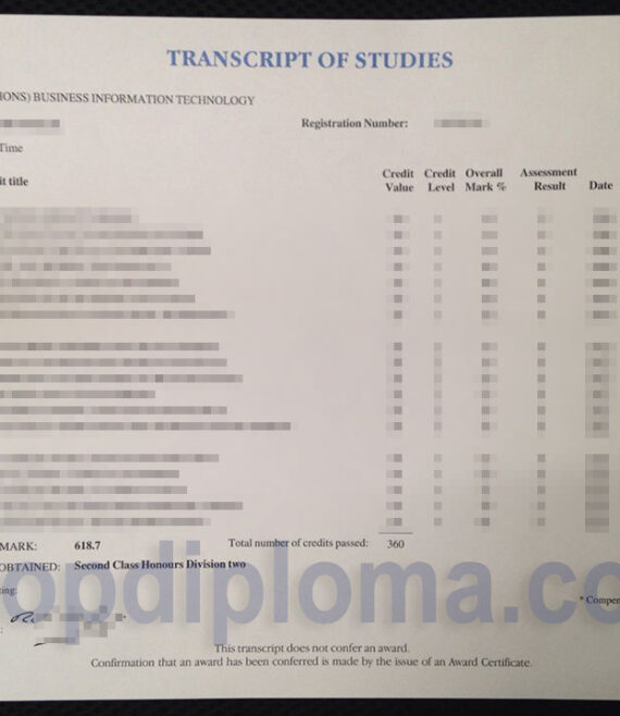 Manchester Metropolitan University transcript of studies