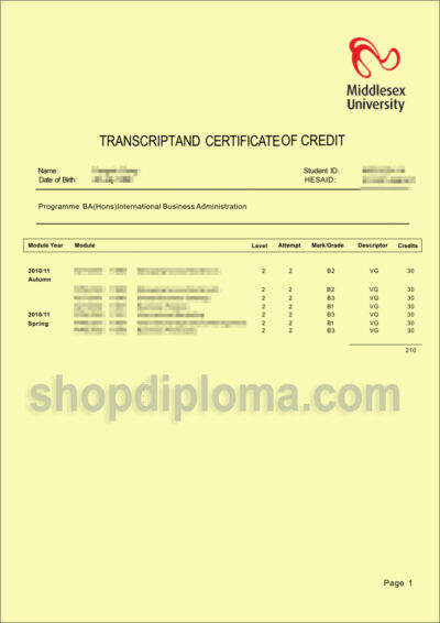 Middlesex University transcript