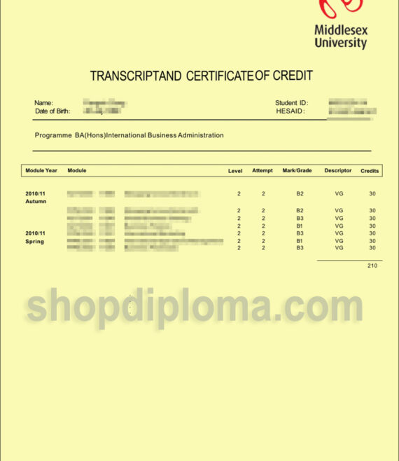 Middlesex University transcript