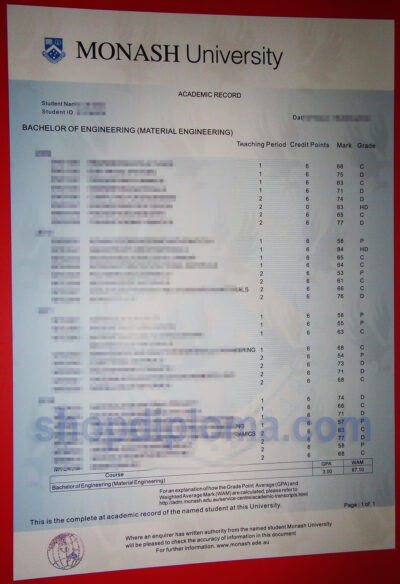 Monash university academic transcript record