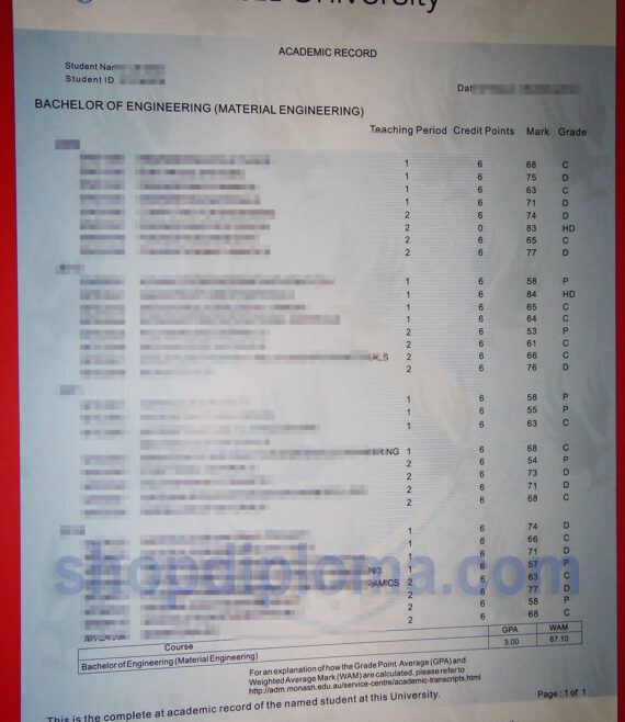 Monash university academic transcript record