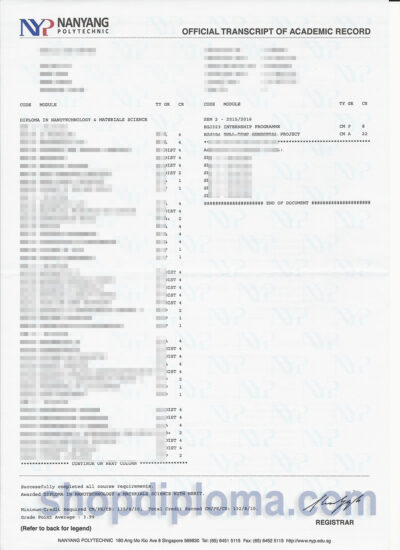 NYP(NANYANG Polytechnic) official transcript of academic record