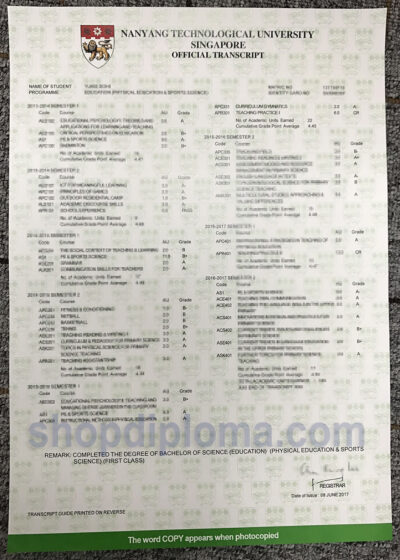 Nanyang technological university Singapore official transcript