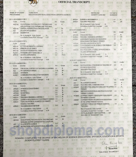 Nanyang technological university Singapore official transcript