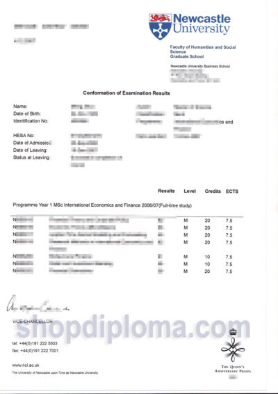 Newcastle University academic transcript