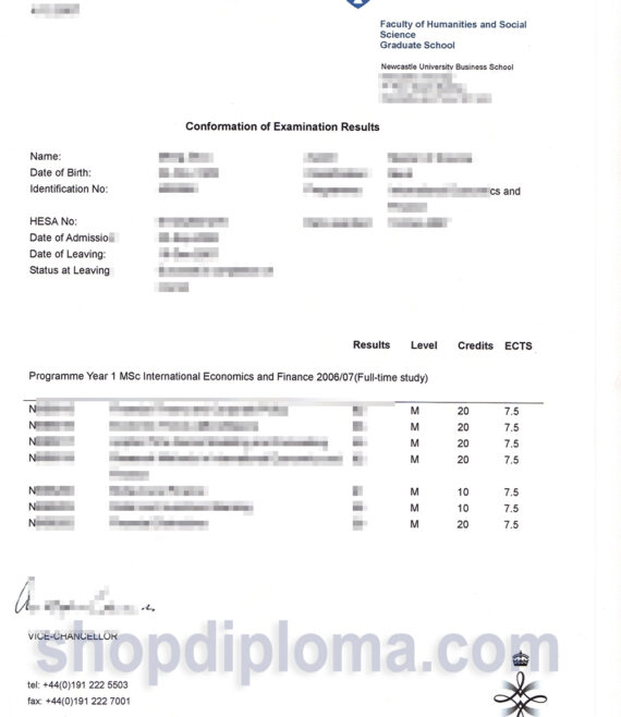 Newcastle University academic transcript