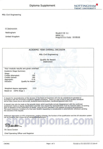 Nottingham trent university transcript academic