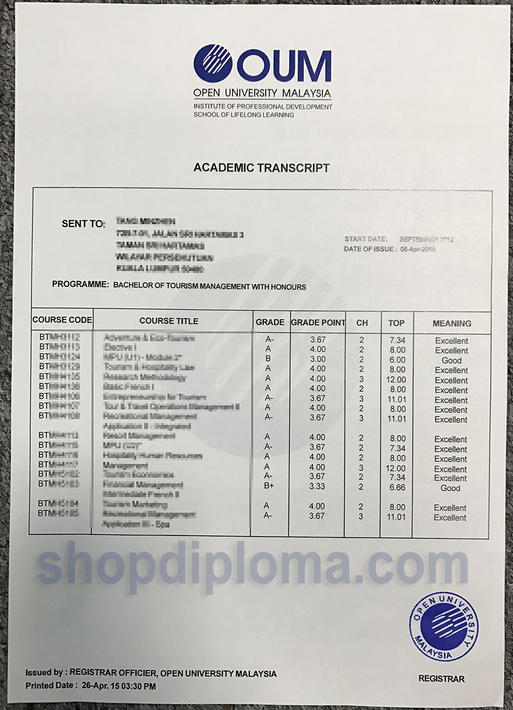 OUM Open university Malaysia academic transcript - High-Quality Diploma ...