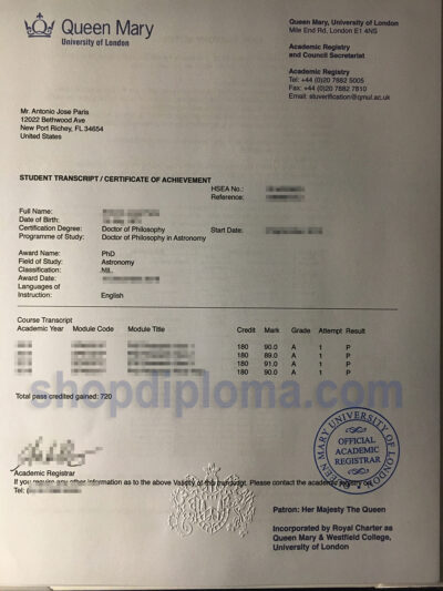 Queen Mary University of London_QMUL transcript certificate of achievement