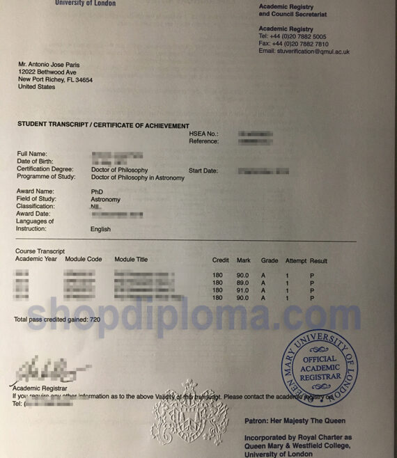 Queen Mary University of London_QMUL transcript certificate of achievement