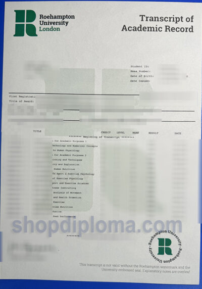 Roehampton University Transcript of academic record