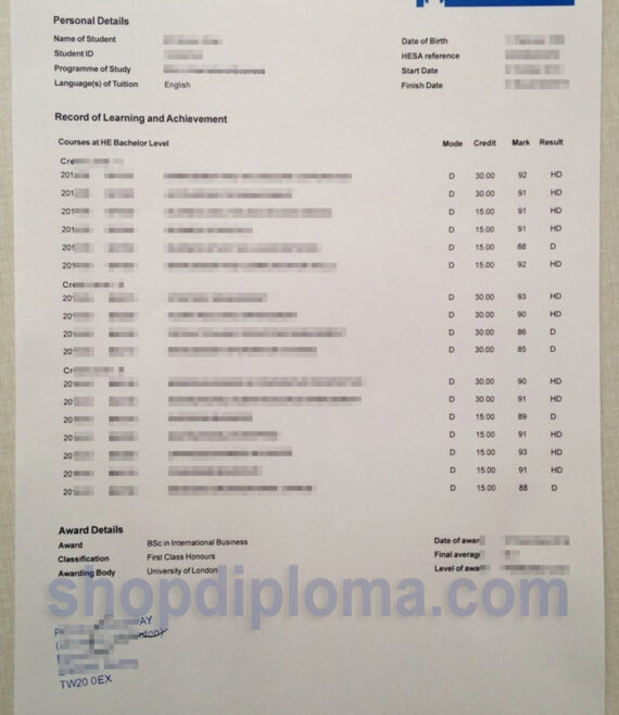 Royal Holloway University of London transcript