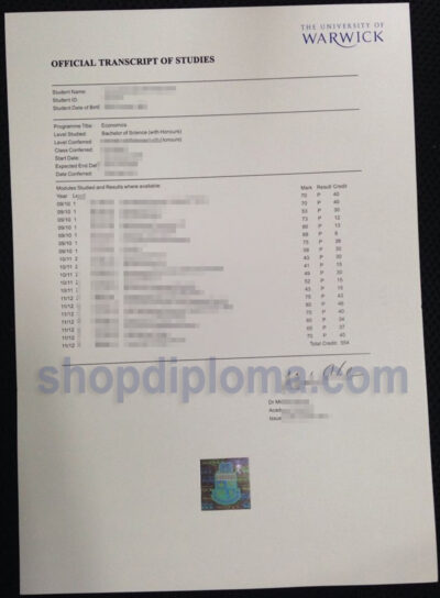 The University of Warwick official transcript of studies