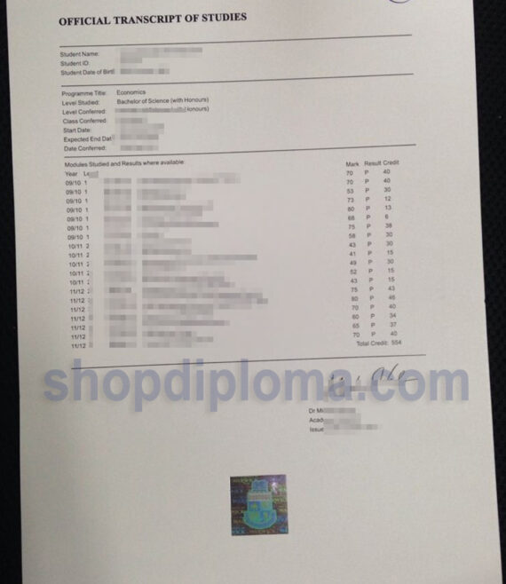 The University of Warwick official transcript of studies