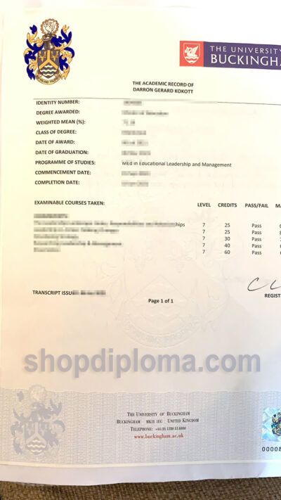 The university of Buckingham academic transcript
