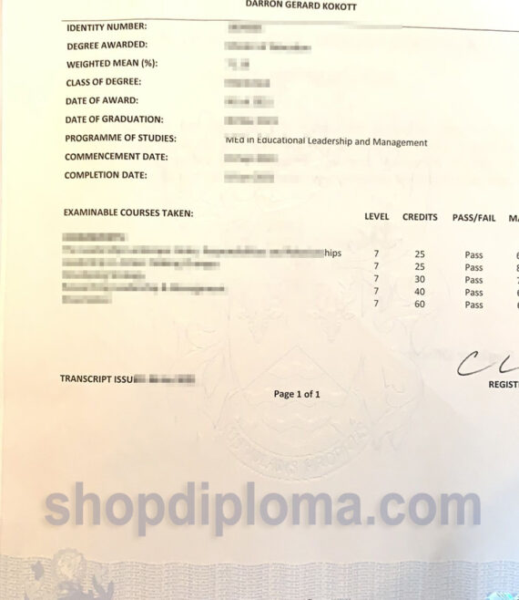 The university of Buckingham academic transcript