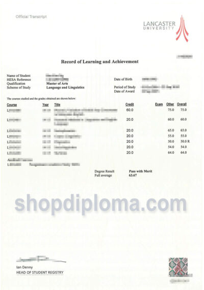The university of Lancaster transcript record of learing and achievement
