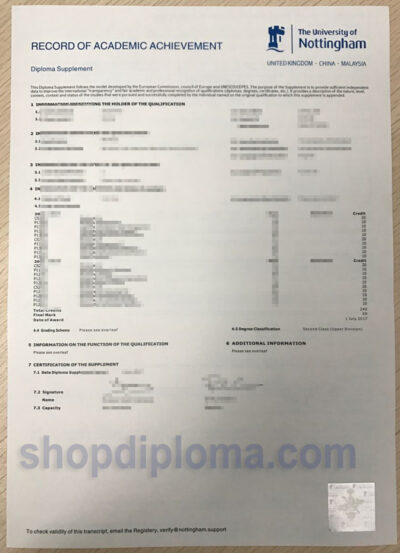 The university of Nottingham transcript record academic achievement