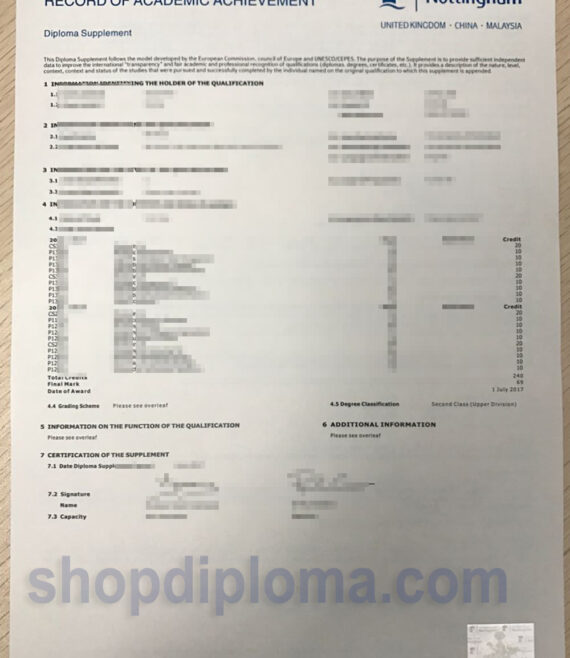 The university of Nottingham transcript record academic achievement