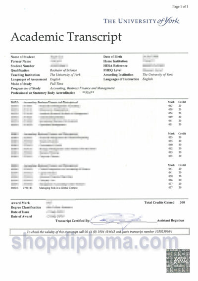 The university of york academic transcript