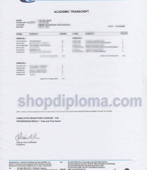 Twintech International University College of Technology academic transcript