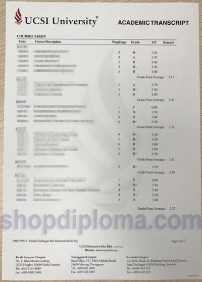 UCSI University academic transcript