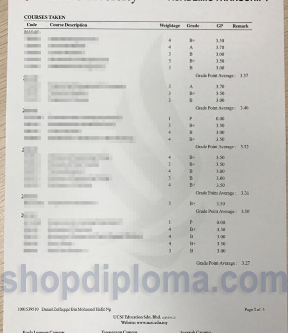 UCSI University academic transcript