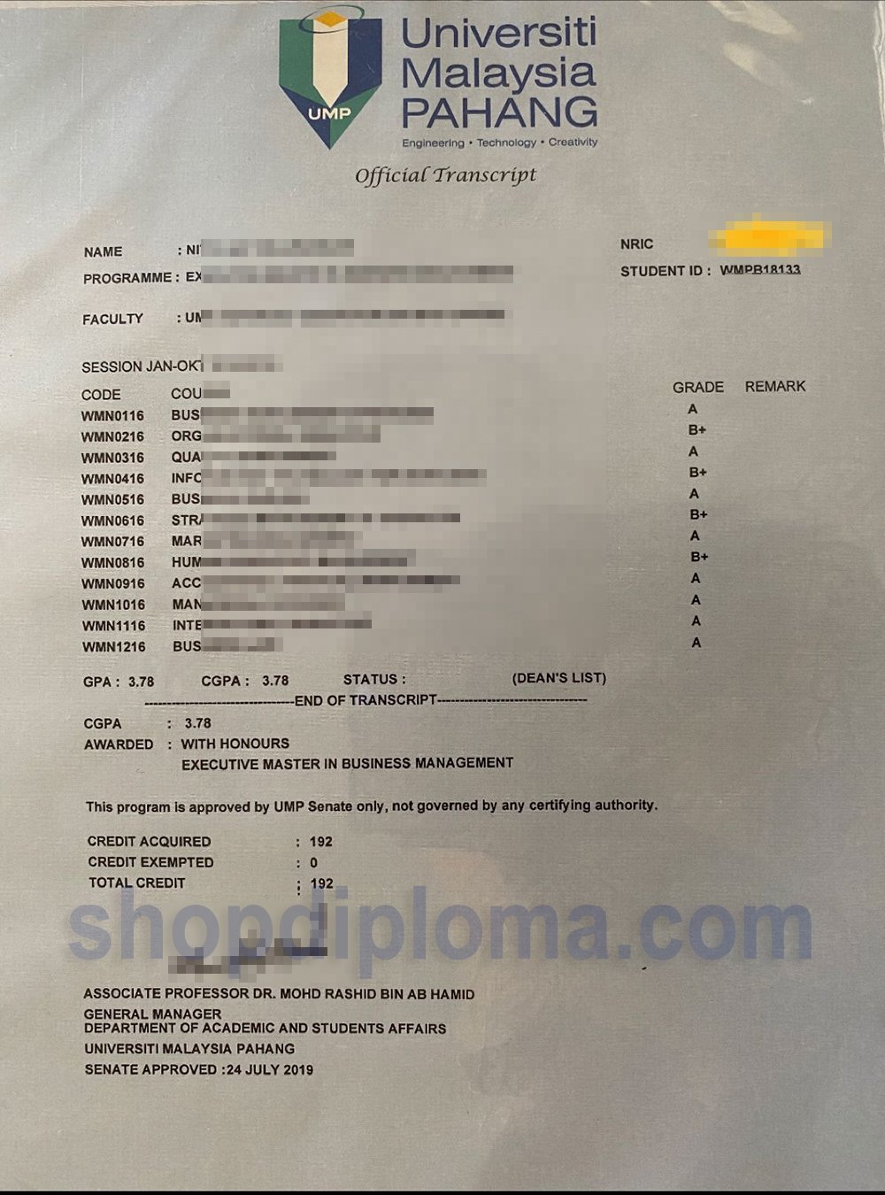 UMP(Universiti Malaysia PAHANG) official transcript - High-Quality ...