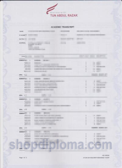 Universiti Tun Abdul Razak(UNIRAZAK) academic transcript