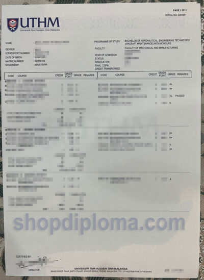 Universiti Tun Hussein Onn Malaysia(UTHM) acadaemic transcript