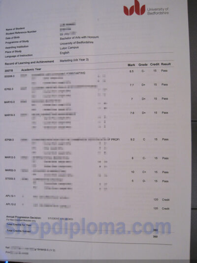 University of Bedfordshire transcript