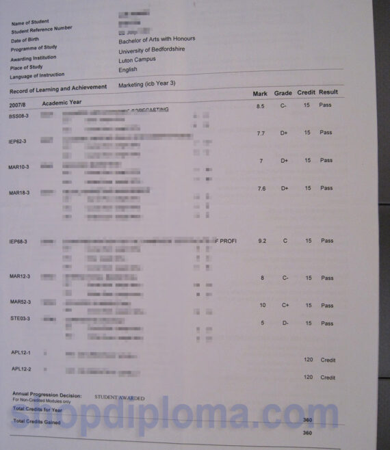 University of Bedfordshire transcript