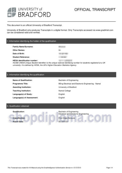 University of Bradford official transcript