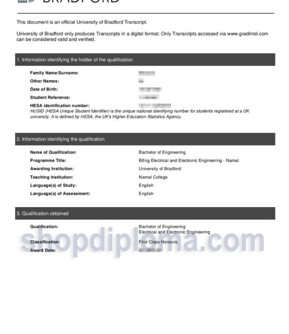 University of Bradford official transcript