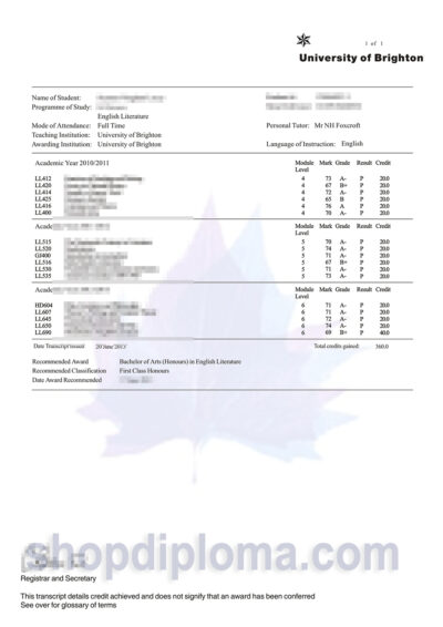 University of Brighton transcript