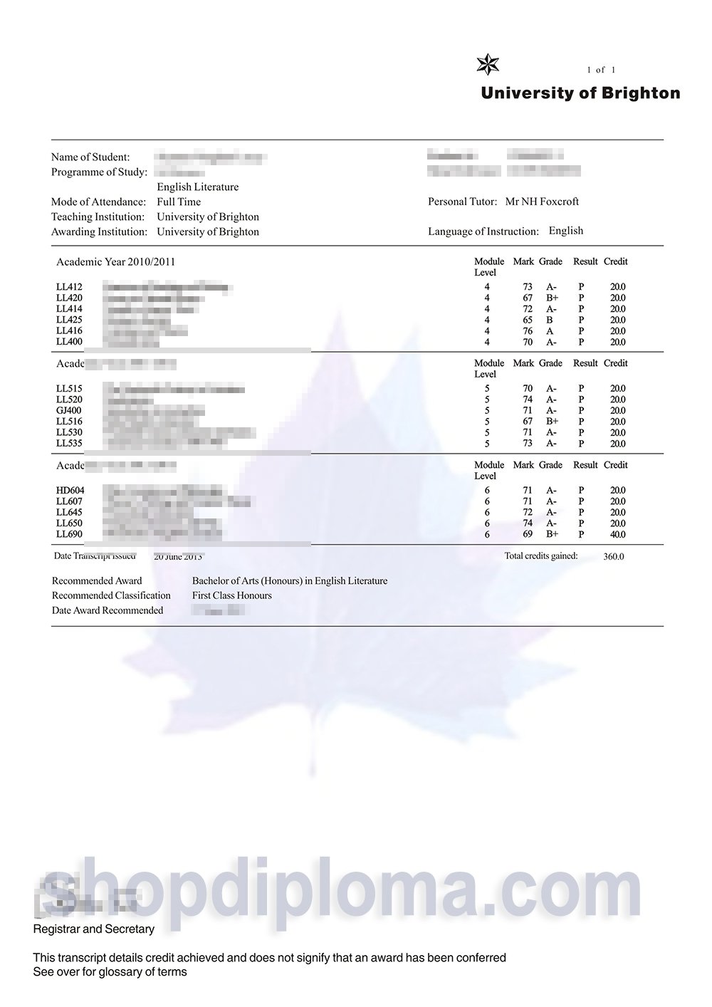 University of Brighton transcript - High-Quality Diploma Replacement ...